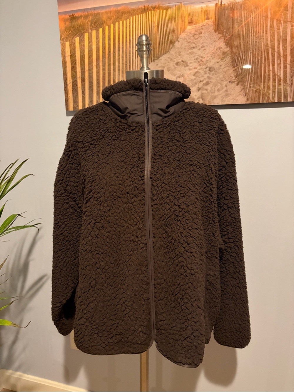 Athleta Cloud Fleece Dark Brown Plush Sherpa Zip-Up Hoodie XL EUC